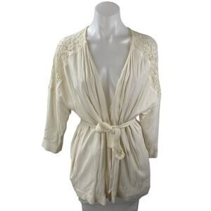 H&M Cream Floral Lace Long Sleeve Tie Belted Robe Cardigan Sweater Top Size S